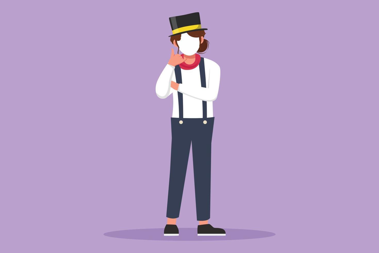 Graphic flat design drawing female mime artist stands with call me gesture and white make up face makes audience laugh with silent comedy. Entertainer worker on job. Cartoon style vector illustration