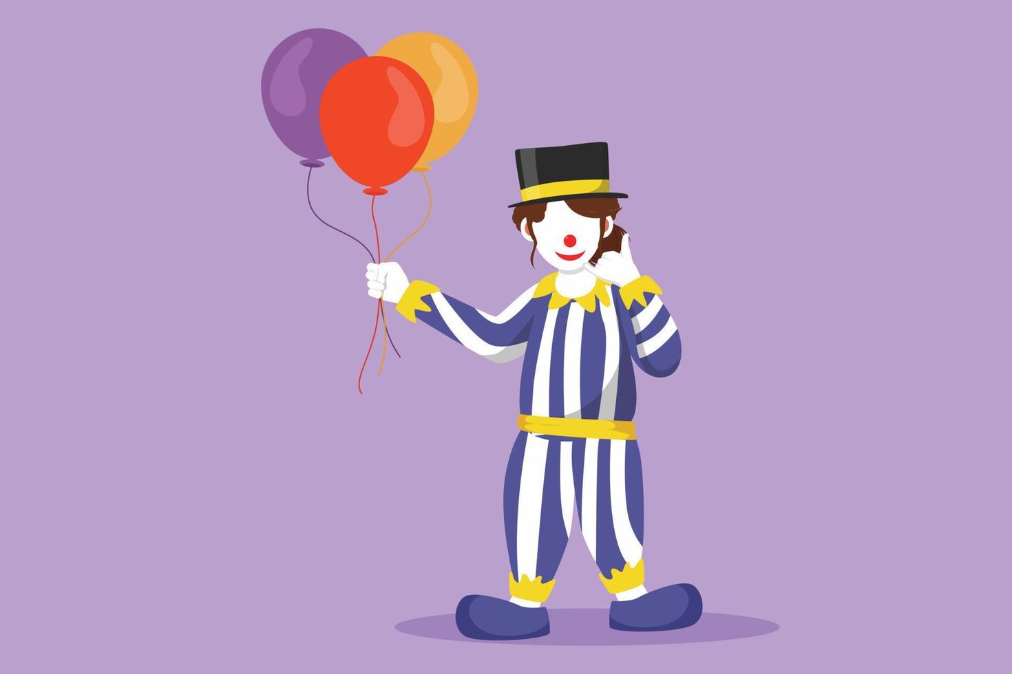 Cartoon flat style drawing female clown standing and holding balloon with call me gesture, wearing hat and clown costume ready to entertain audience in circus arena. Graphic design vector illustration