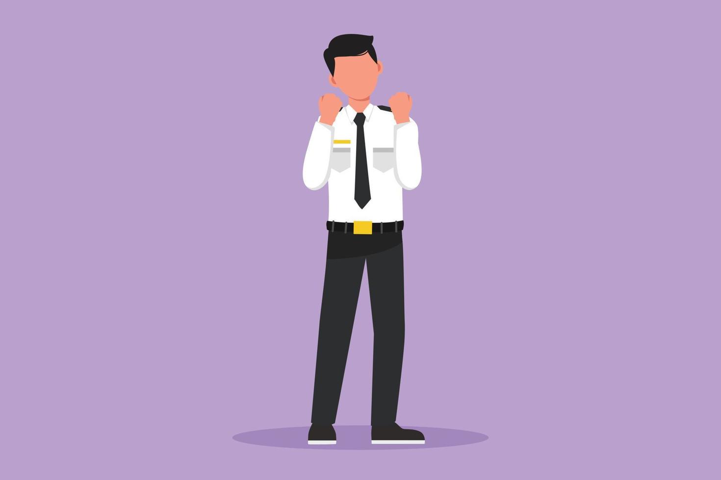 Character flat drawing flight attendant or steward standing in uniform with celebrate gesture prepare at airport for flying and serve passenger to their destination. Cartoon design vector illustration