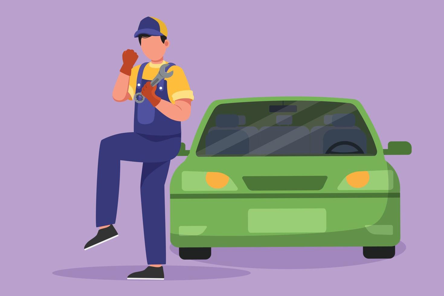 Character flat drawing male mechanic standing in front of car with celebrate gesture and holding wrench to perform maintenance on vehicle engine or transportation. Cartoon design vector illustration