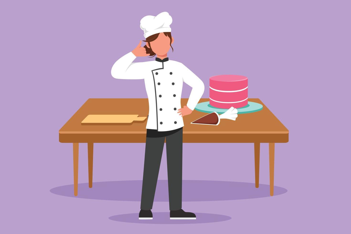 Graphic flat design drawing skilled chef standing with call me gesture, cooking uniform prepare ingredient to cook best dishes. Female chef with sweet cake on table. Cartoon style vector illustration
