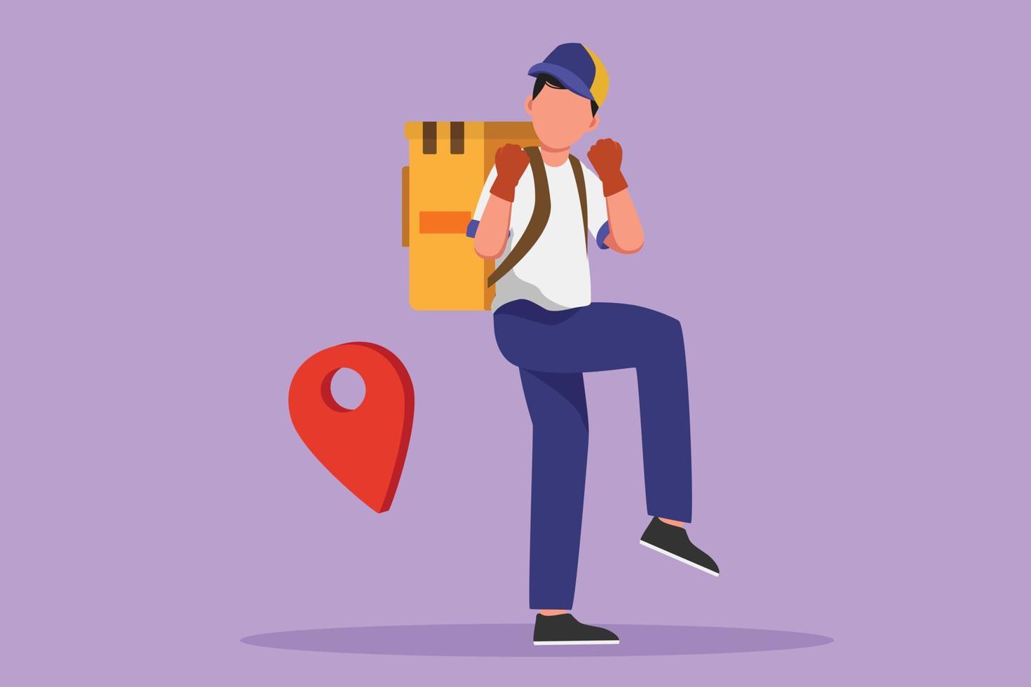 Graphic flat design drawing happy deliveryman standing with celebrate gesture and pin map icon. Carrying package box that customer has ordered to be delivered safely. Cartoon style vector illustration