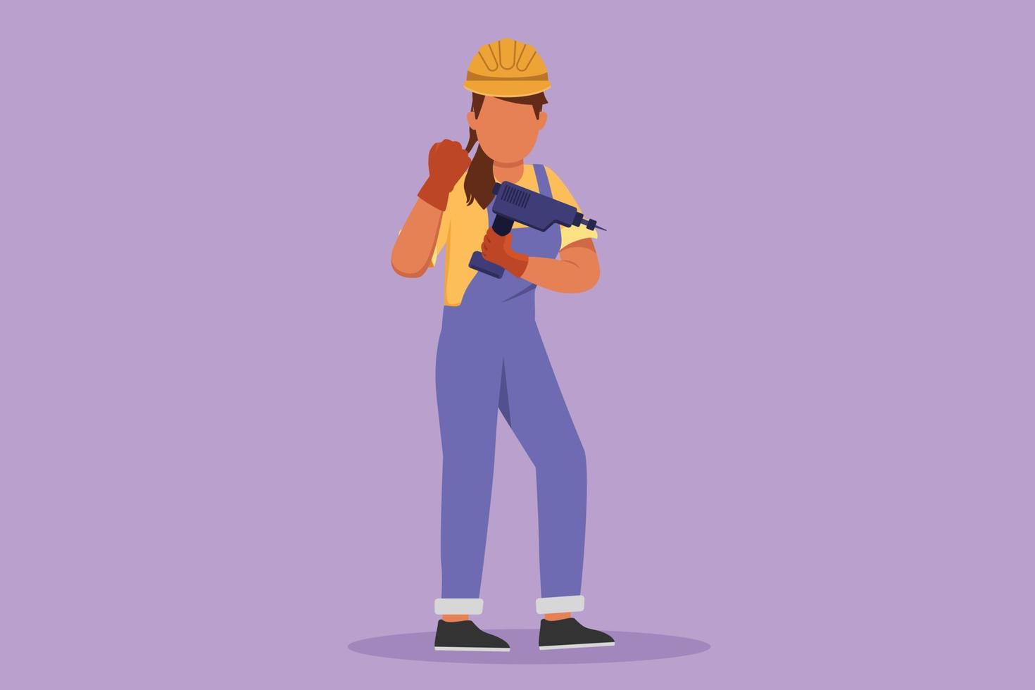 Graphic flat design drawing female carpenter standing with drill and celebrate gesture, working for wood industry, expert at using carpentry tool. House renovation. Cartoon style vector illustration