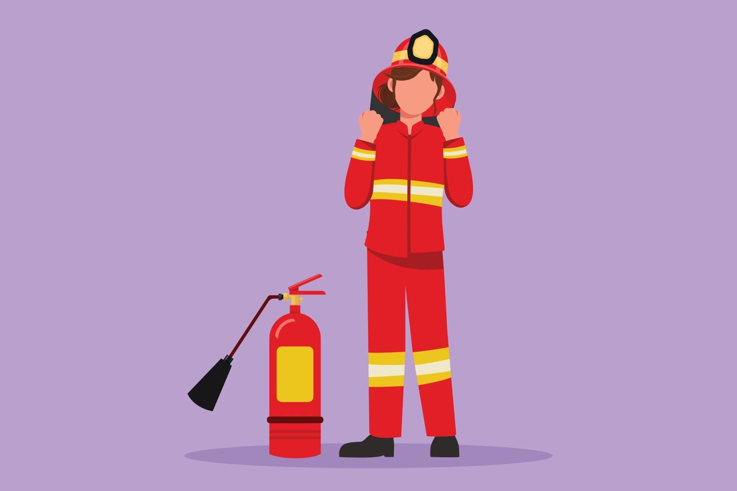 Graphic flat design drawing female firefighter stands with fire extinguisher wear helmet, uniform with celebrate gesture. Working to extinguish fire in burn building. Cartoon style vector illustration