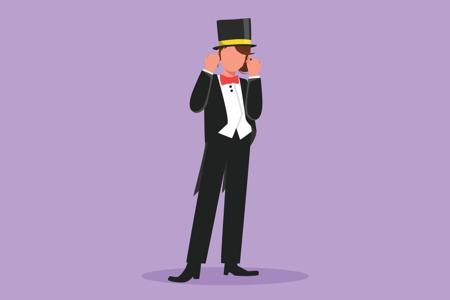 Character flat drawing beauty female magician standing in suit with celebrate gesture and holding hat magic and wand performing trick at circus show entertainment. Cartoon design vector illustration