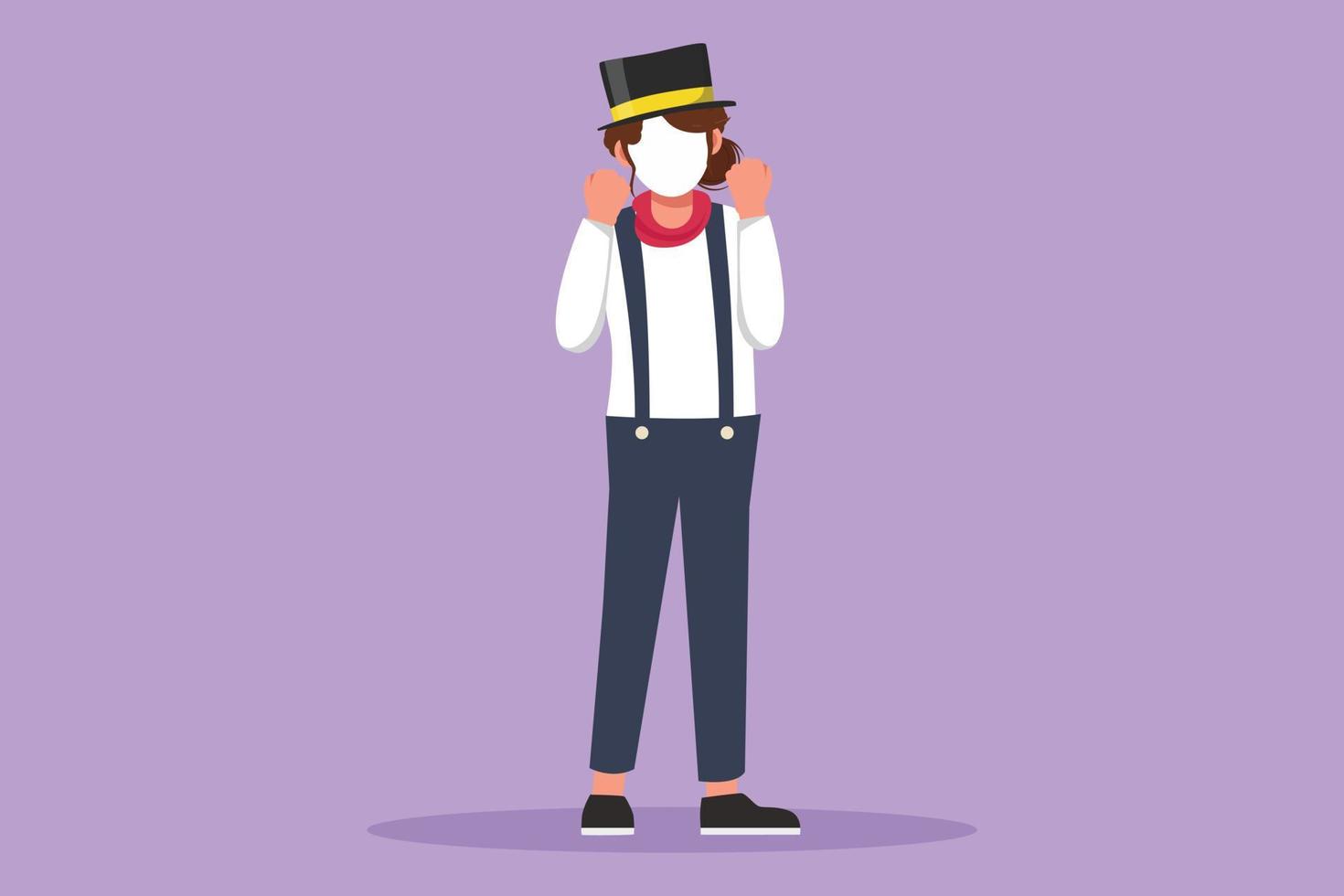 Graphic flat design drawing female mime artist standing with celebrate gesture, white make up face makes audience laugh with silent comedy. Entertainer worker on job. Cartoon style vector illustration