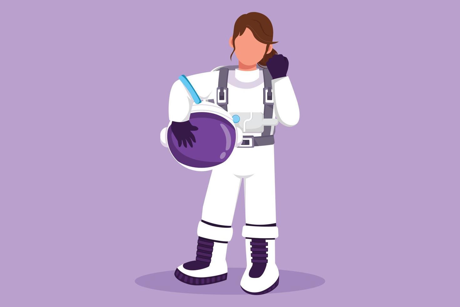 dibujo de diseño gráfico plano mujer astronauta de pie con gesto de celebración usar traje espacial explorando la tierra, la luna, otro planeta en el universo. iniciar la expedición espacial. ilustración vectorial de estilo de dibujos animados vector