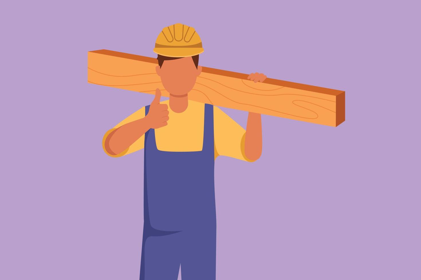 Cartoon flat style drawing carpenter carrying wooden board with thumbs up gesture and working in his workshop making wooden products. Skills in using carpentry tool. Graphic design vector illustration