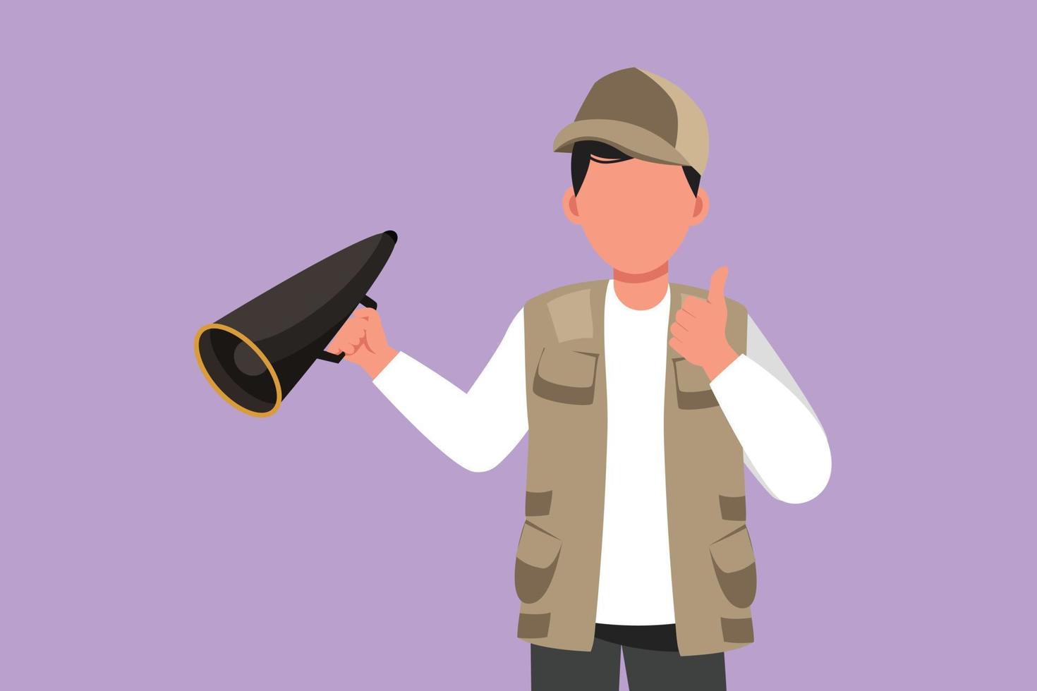 Cartoon flat style drawing of male film director holding megaphone with thumbs up gesture, wearing vest, and cap while set the crew for shooting talk show in studio. Graphic design vector illustration