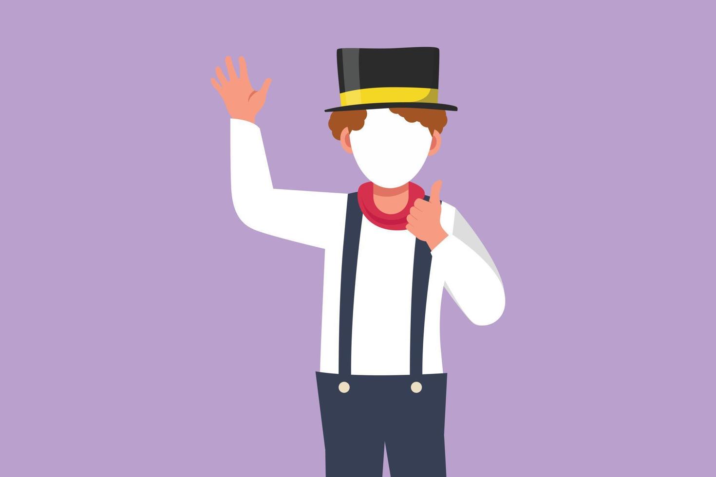 Cartoon flat style drawing male mime artist say hi with thumb up gesture, white face make up puts on silent motion comedy show at circus show. Creative job industry. Graphic design vector illustration