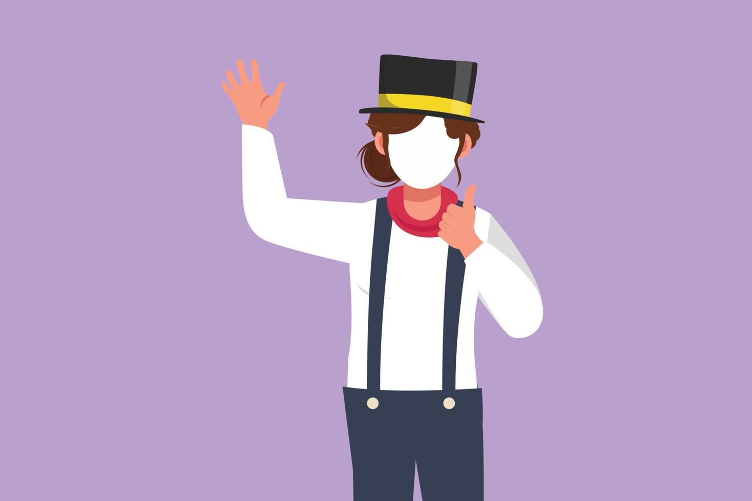 Graphic flat design drawing female mime artist say hi with thumbs up gesture, white face make up puts on silent motion comedy show at circus show. Creative industry. Cartoon style vector illustration