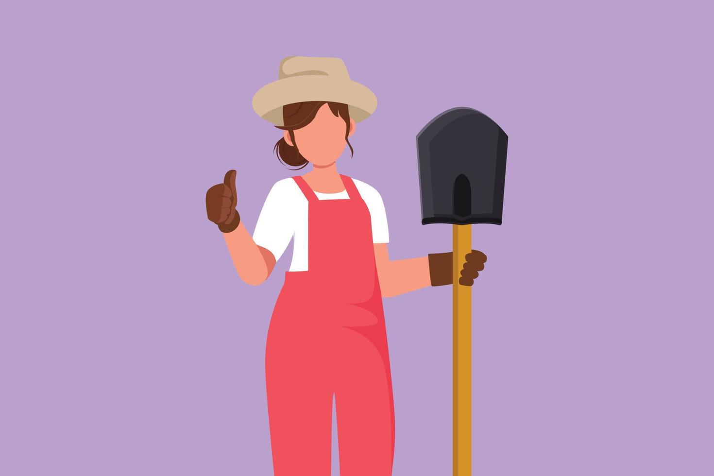 Graphic flat design drawing of female farmer holding shovel with thumbs up gesture and wearing straw hat working on farm at harvest time. Countryside or rural living. Cartoon style vector illustration