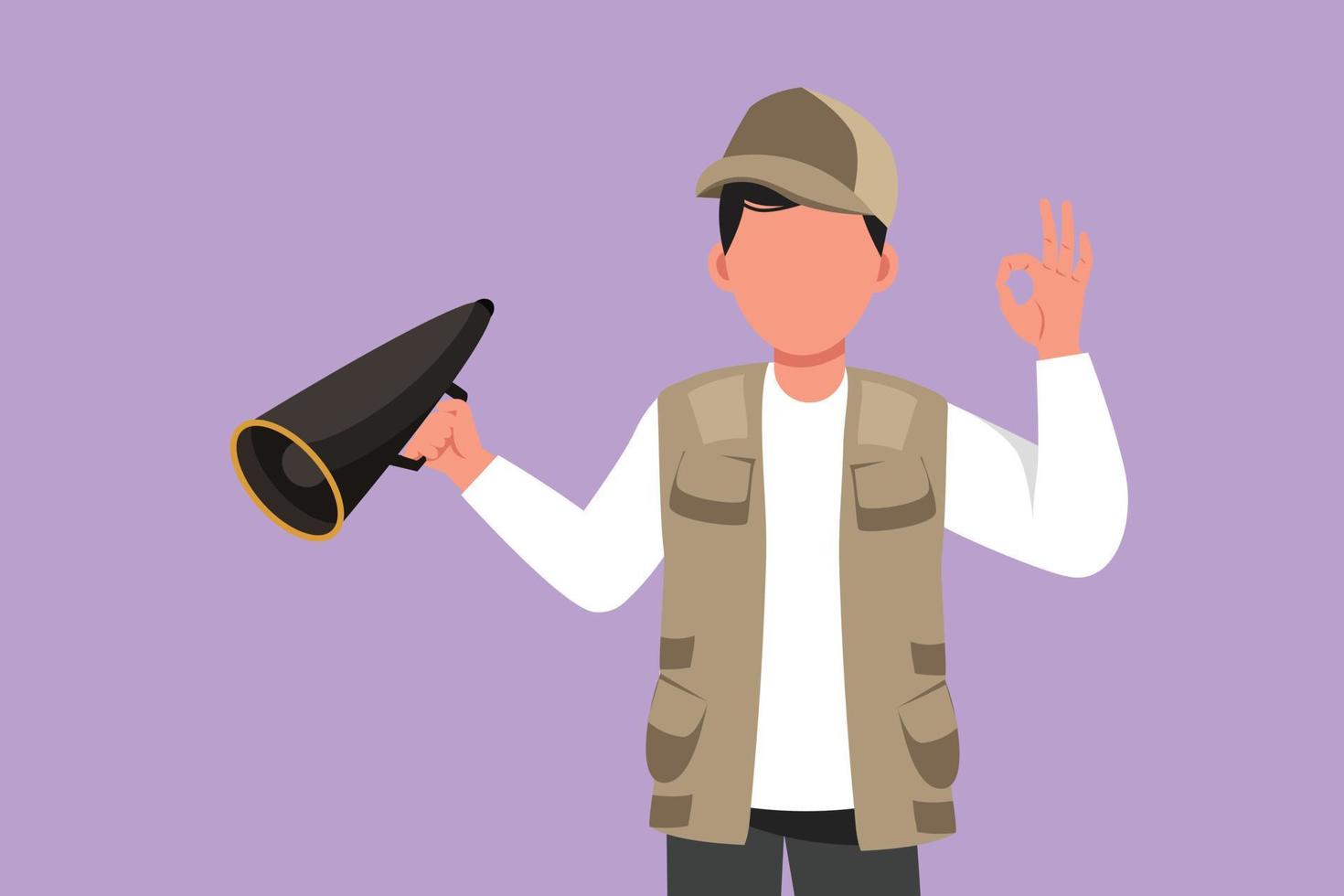 Cartoon flat style drawing active male film director holding megaphone with okay gesture, wearing vest, cap while set the crew for shooting action movie in studio. Graphic design vector illustration