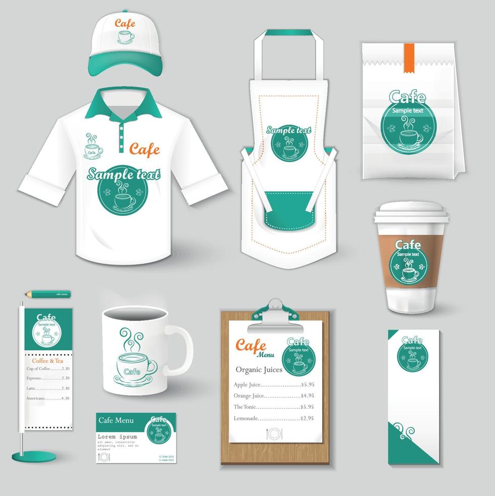 Set of restaurant corporate identity, burgers, uniform, flyer, shirt, cup, menu, package, apron,  coffee cup vector illustration