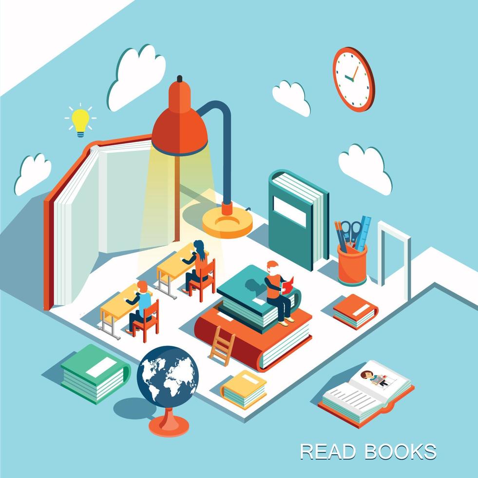 The concept of learning, read books in the library, isometric flat design vector