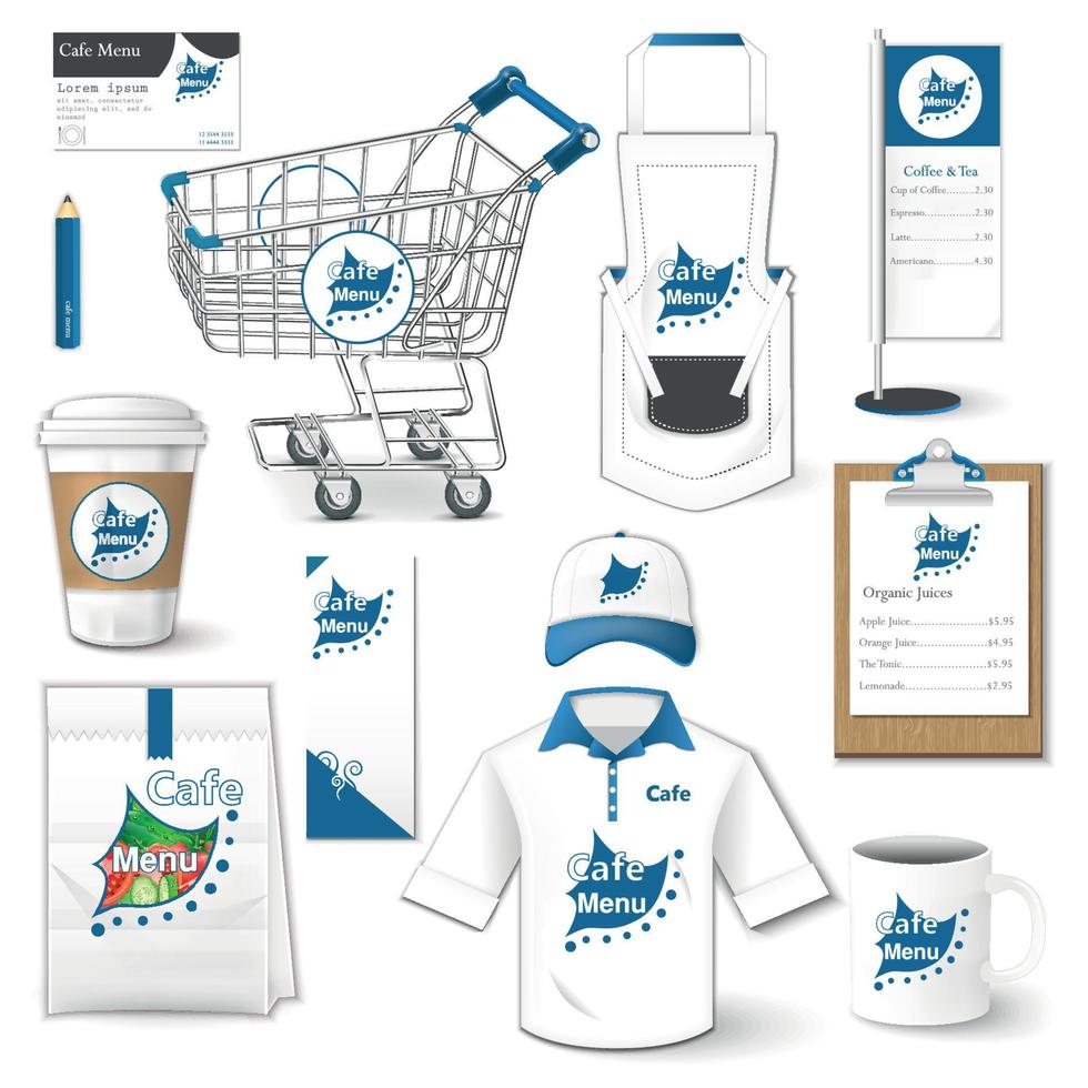 Set of corporate identity, uniform, flyer, shirt, cup, cart, menu, package, apron,  coffee cup vector illustration