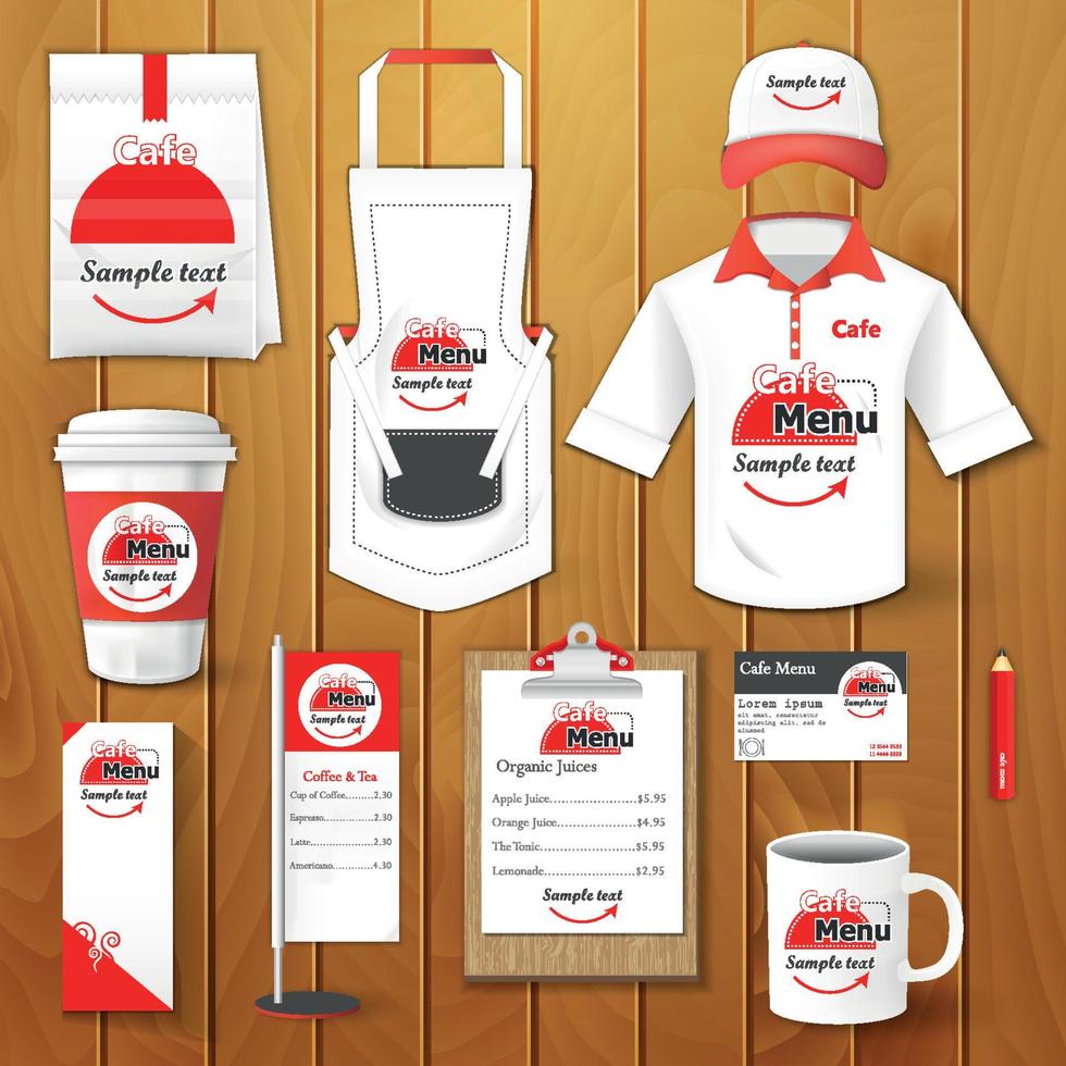 conjunto de identidad corporativa de restaurante, hamburguesas, uniforme, volante, camisa, taza, menú, paquete, delantal, ilustración de vector de taza de café