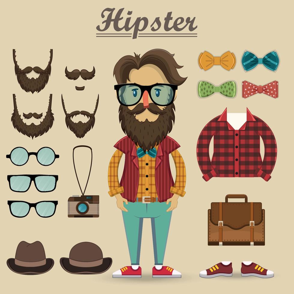 Hipster character and hipster elements, items, fashion, vector illustration