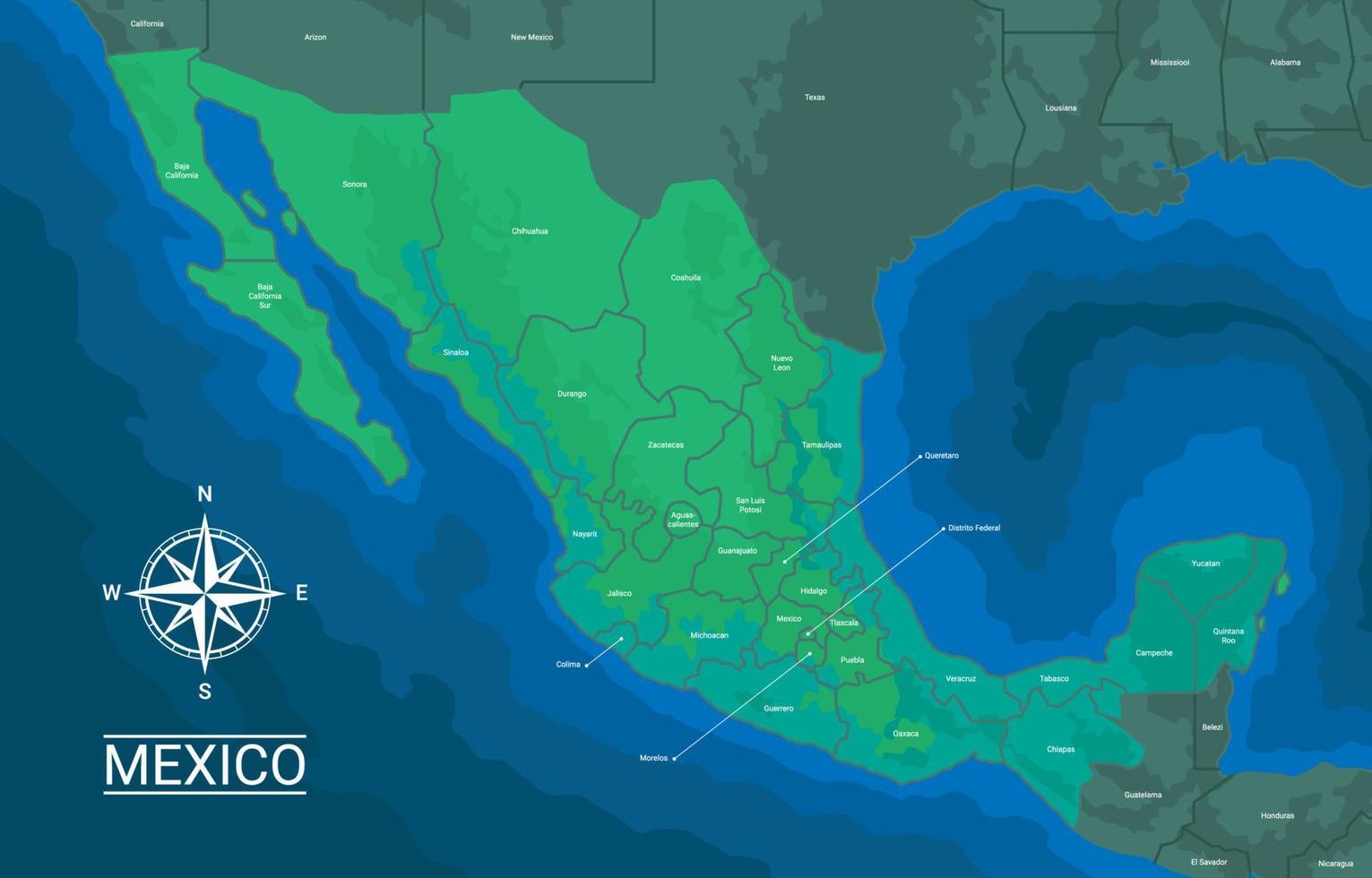 mapa verde ilustrado del país de méxico vector