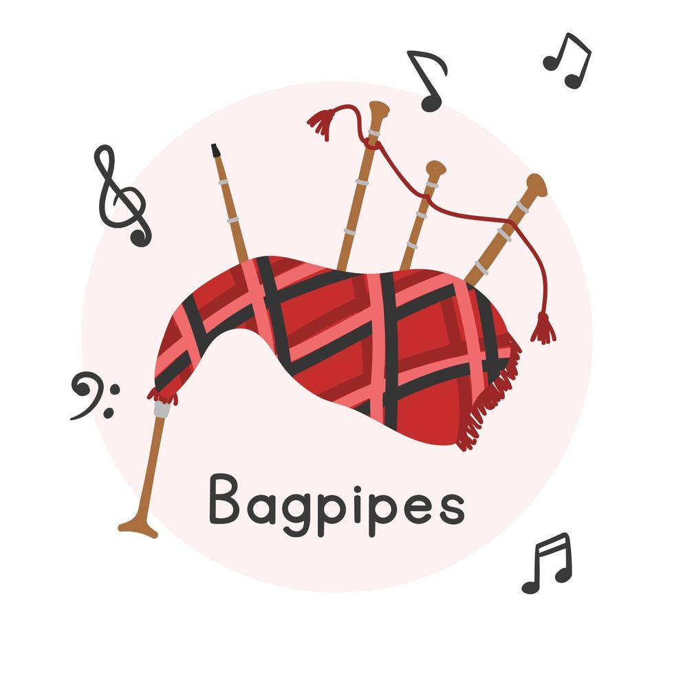 Bagpipes clipart cartoon style. Simple cute red bagpipes Middle Eastern woodwind instrument flat vector illustration. Wind musical instrument bagpipe hand drawn doodle style. Bagpipes vector design