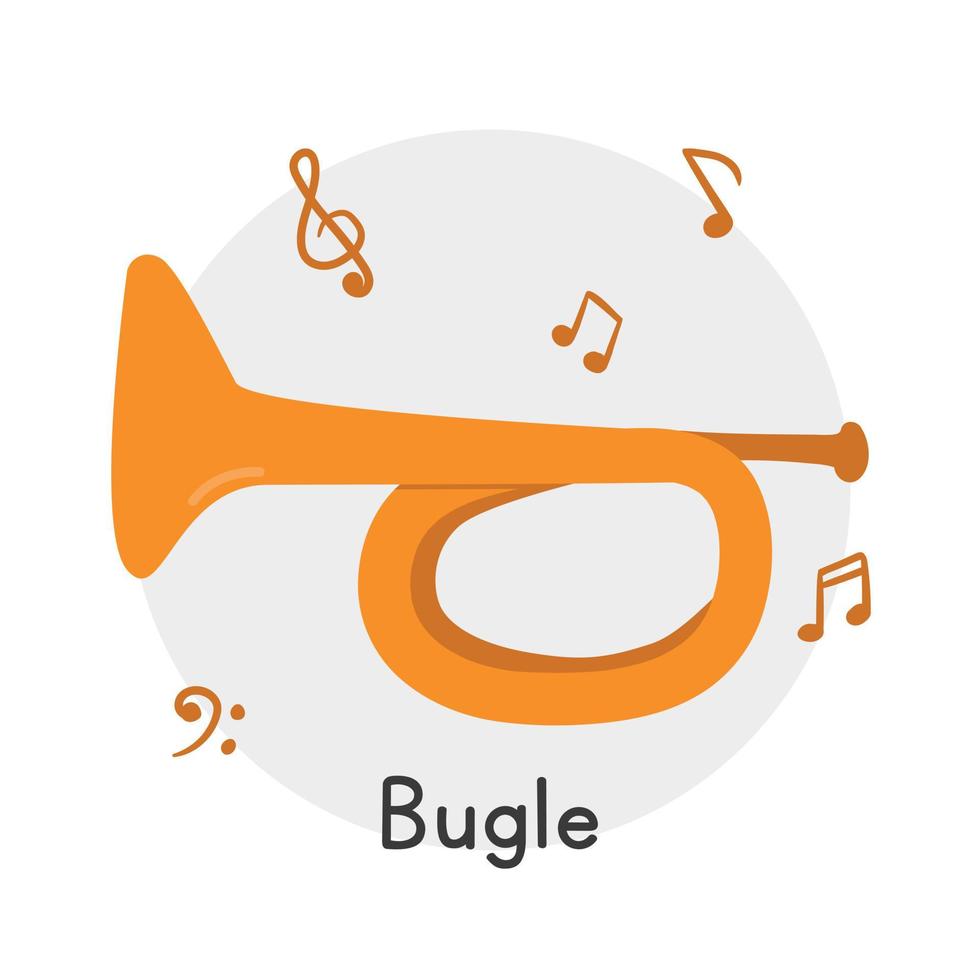 Golden bugle clipart cartoon style. Simple cute bugle brass musical instrument flat vector illustration. Brass instrument bugle hand drawn doodle style. Wind instrument bugle vector design