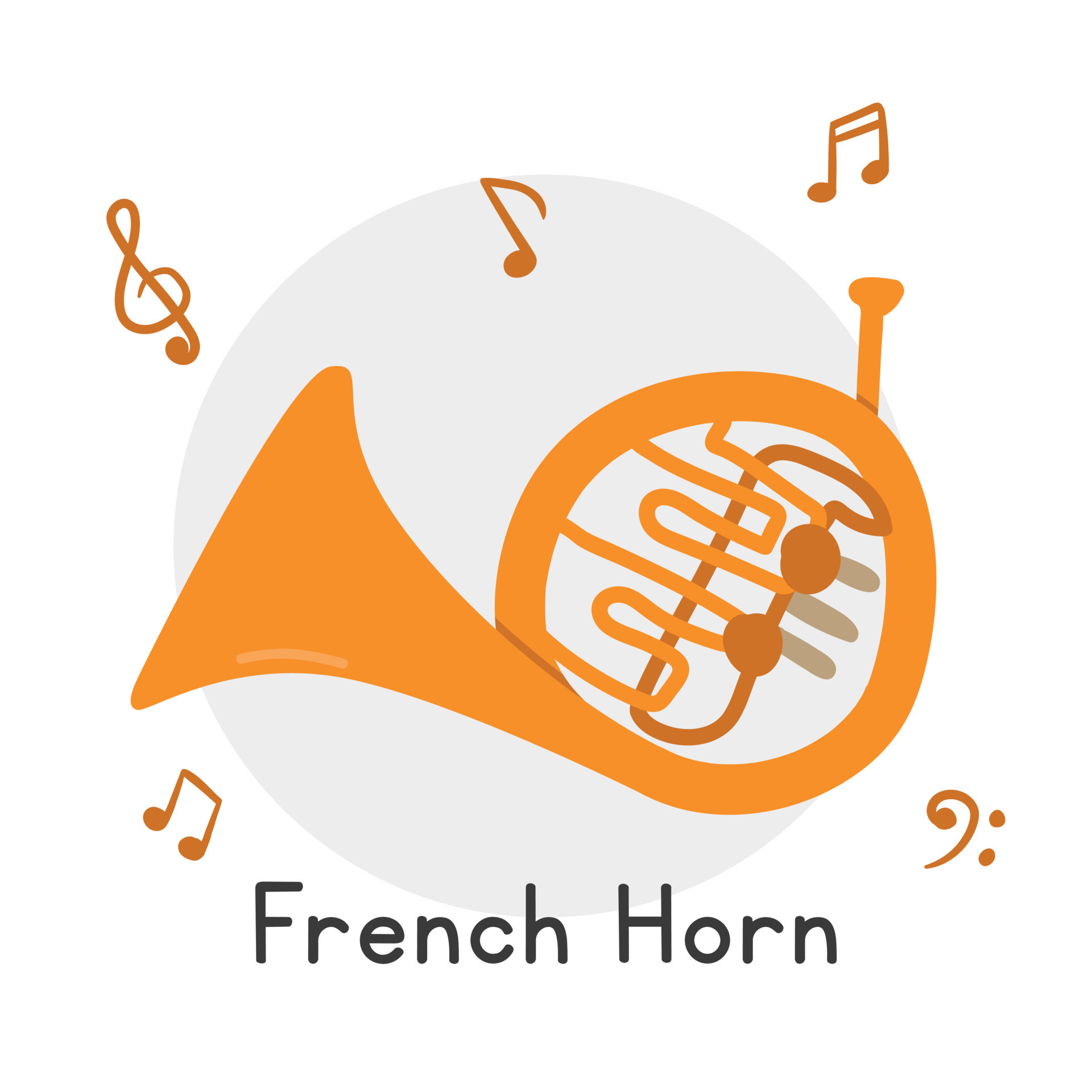 Golden French Horn clipart cartoon style. Simple cute Frech horn brass