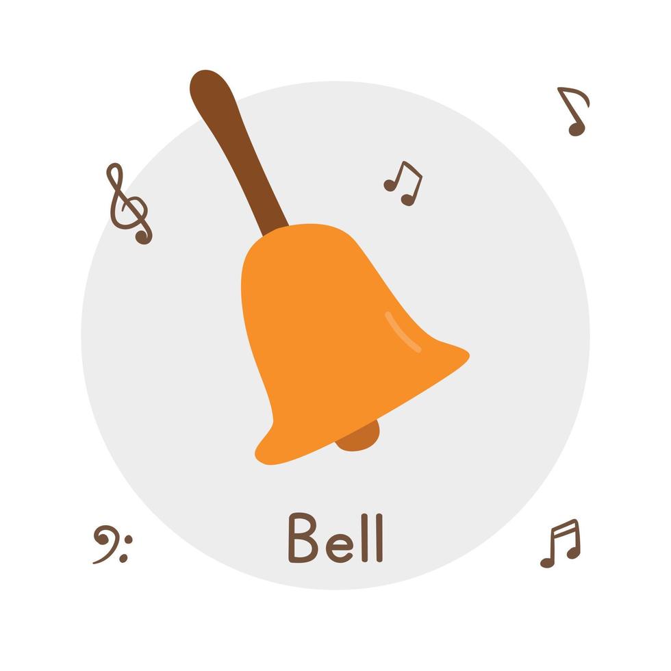 Handle bell clipart cartoon style. Simple cute handle-bell with wooden handle percussion musical instrument flat vector illustration. Percussion instrument bell hand drawn doodle. Handle bell vector