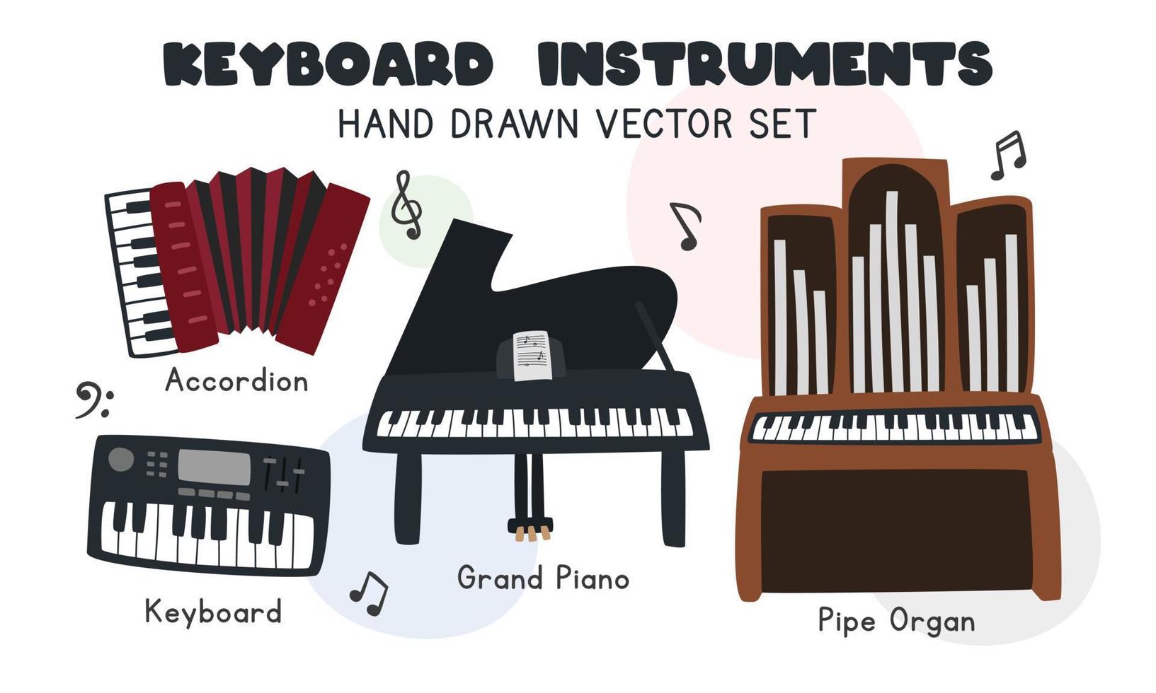 Keyboard instruments vector set. Simple cute accordion, grand piano, organ piano, pipe organ, church organ keyboard family musical instrument clipart cartoon style, hand drawn doodle drawing