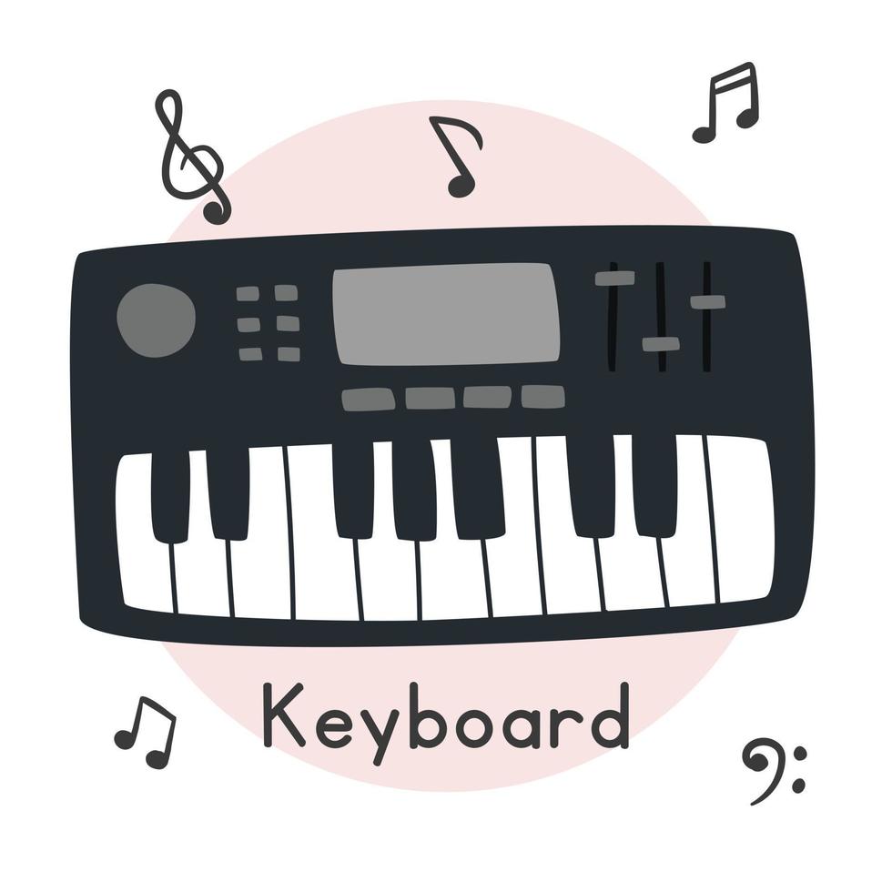 Musical keyboard instrument clipart cartoon style. Simple cute electric keyboard flat vector illustration. Musical instrument electronic piano hand drawn doodle style. Keyboard vector design