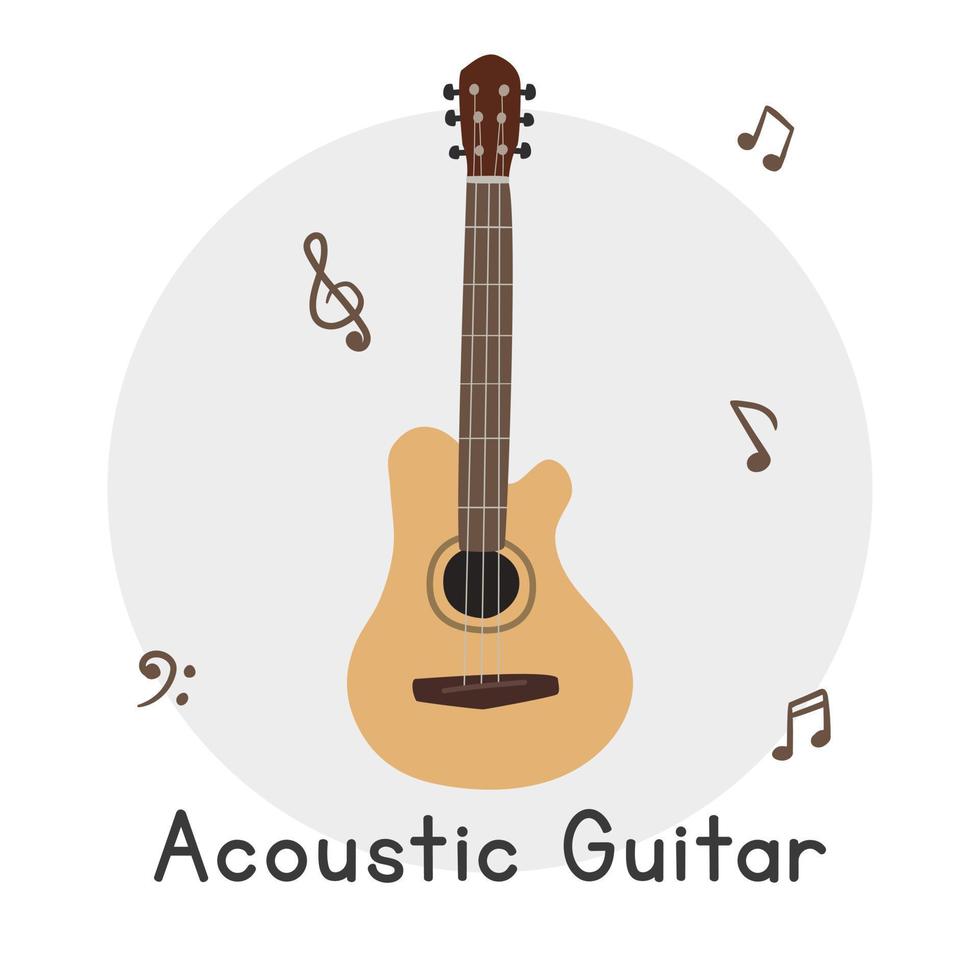 estilo de dibujos animados de imágenes prediseñadas de guitarra acústica. Ilustración de vector plano de instrumento musical de cuerda de guitarra acústica marrón lindo simple. instrumento de cuerda estilo garabato dibujado a mano. diseño de vector de guitarra acústica