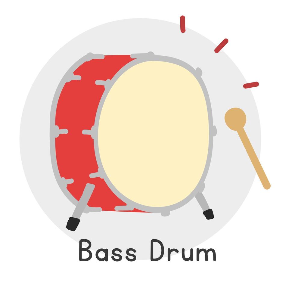 Bass drum clipart cartoon style. Simple cute classical bass drum percussion musical instrument flat vector illustration. Percussion instrument big drum hand drawn doodle style. Bass drum vector design