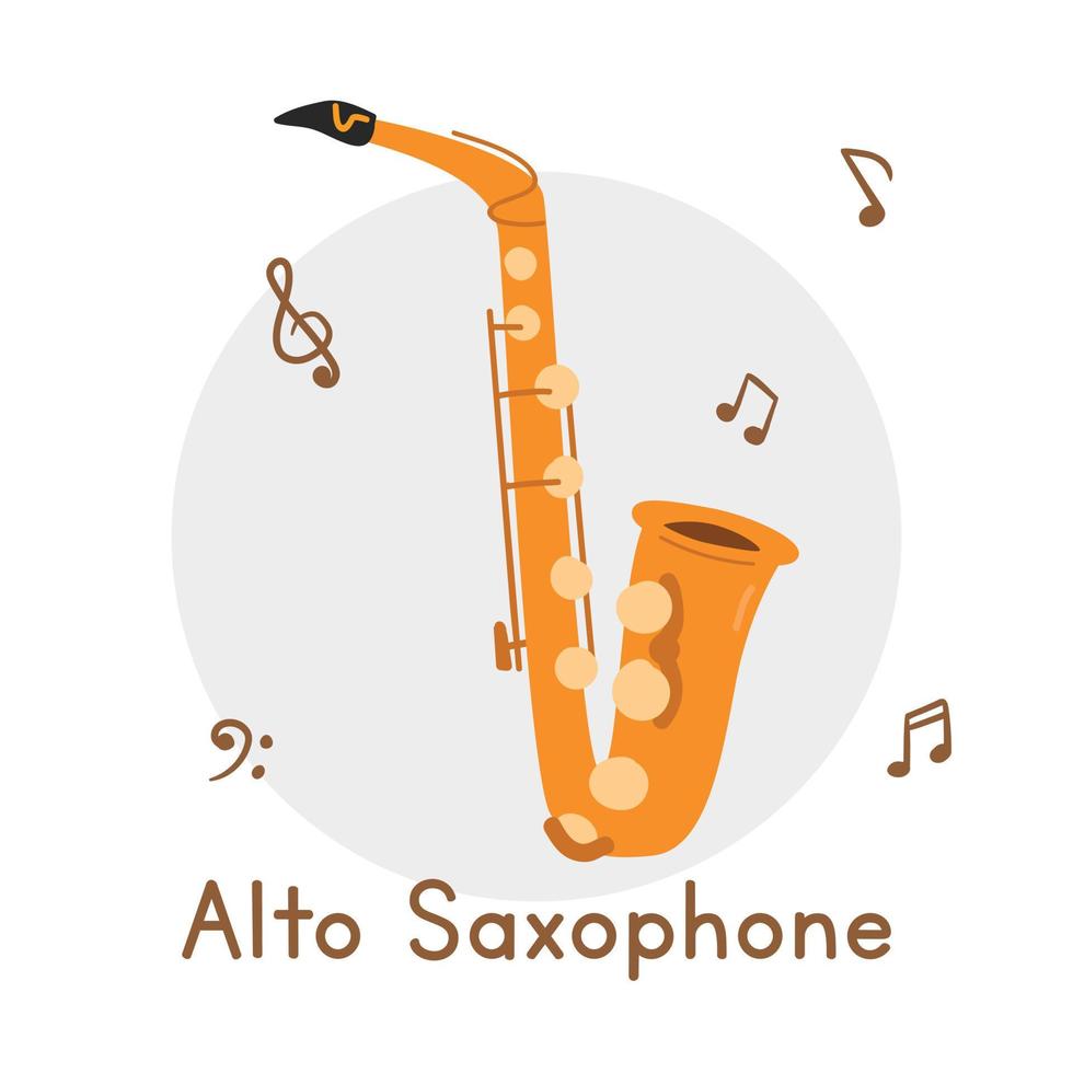 Alto saxophone clipart cartoon style. Simple cute golden saxophone brass musical instrument flat vector illustration. Brass instruments hand drawn doodle style. Wind instrument saxophone vector design