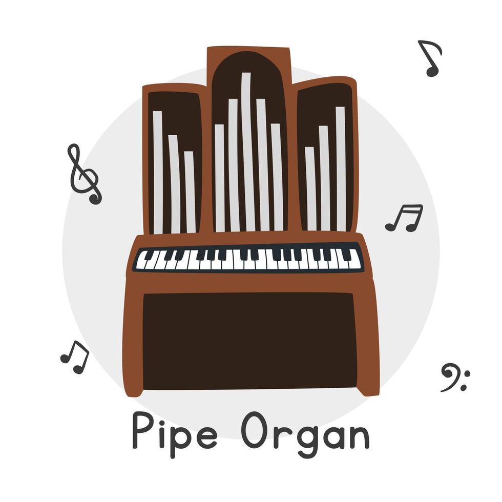 Pipe organ clipart cartoon style. Simple cute wooden church organ flat vector illustration. Ancient Greek musical instrument steam organ hand drawn doodle style. Pipe organ vector design