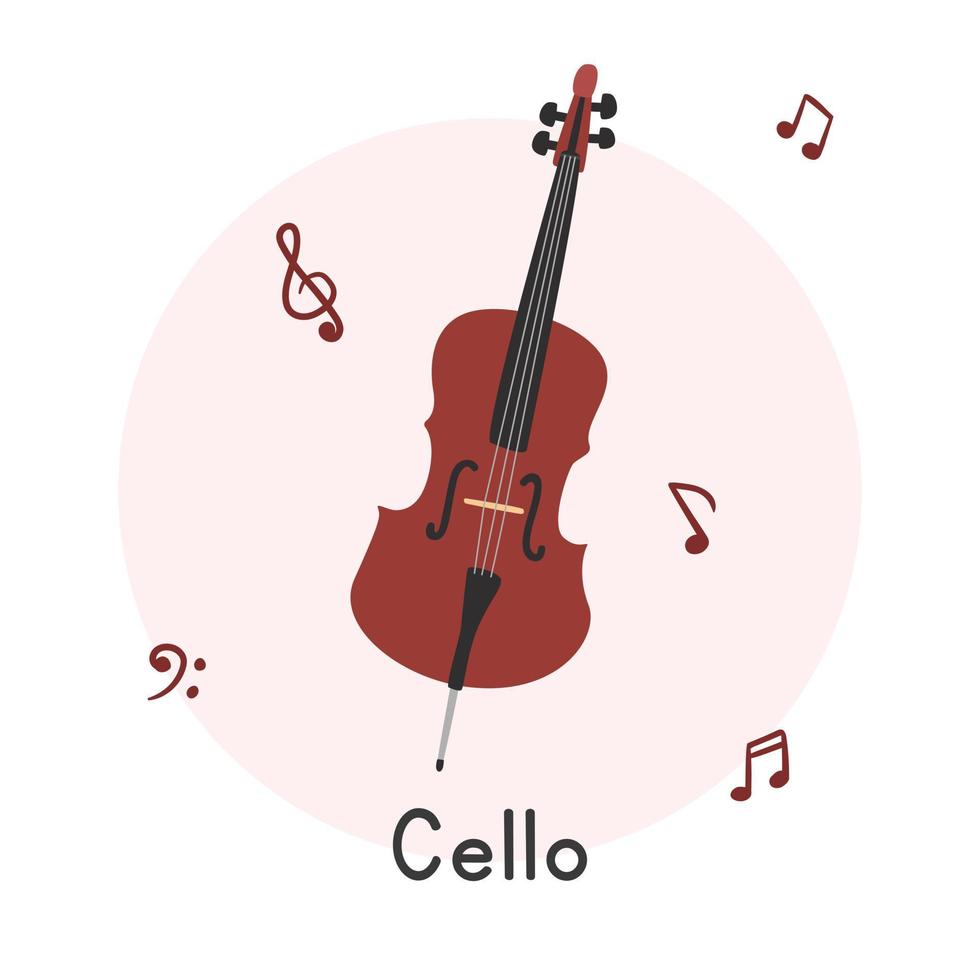Cello clipart cartoon style. Simple cute brown cello string instrument flat vector illustration. Stringed instruments hand drawn doodle style. Cello vector design