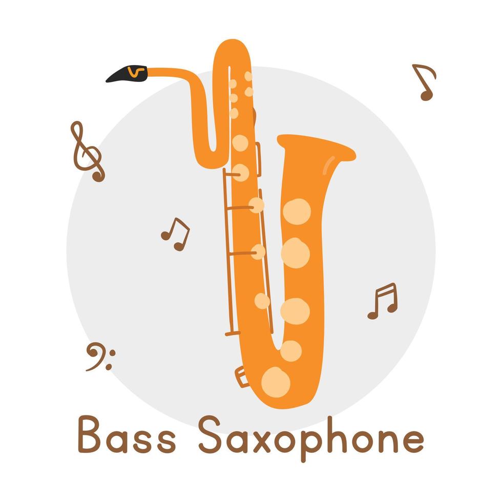 Golden bass saxophone clipart cartoon style. Simple cute bass saxophone brass musical instrument flat vector illustration. Brass instruments hand drawn doodle style. Wind instrument vector design