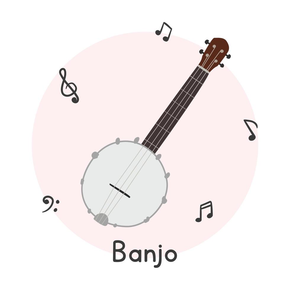 estilo de dibujos animados de imágenes prediseñadas de banjo. simple lindo bluegrass banjo norte americano cuerda instrumento musical plano vector ilustración. instrumento de cuerda banjo estilo garabato dibujado a mano. diseño vectorial de banjo