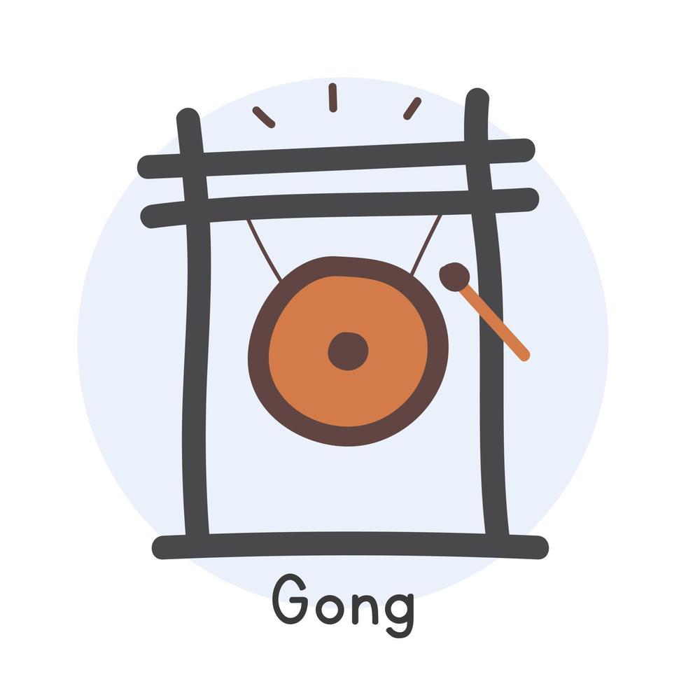 estilo de dibujos animados de imágenes prediseñadas de gong de metal. simple lindo bronce gong asiático percusión instrumento musical plano vector ilustración. instrumento de percusión gong estilo garabato dibujado a mano. diseño vectorial de gong