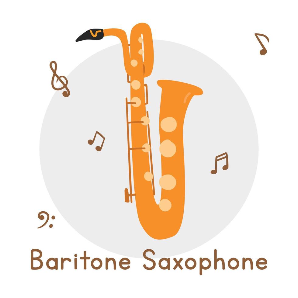 Golden baritone saxophone clipart cartoon style. Simple cute saxophone brass musical instrument flat vector illustration. Brass instruments hand drawn doodle style. Wind instrument vector design