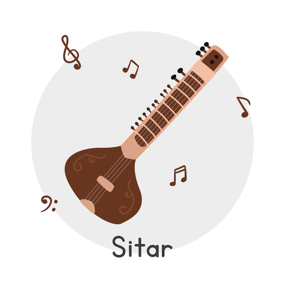 Sitar clipart cartoon style. Simple cute sitar traditional Indian musical instrument flat vector illustration. String instrument sitar hand drawn doodle style. Sitar vector design. Ethnic instruments