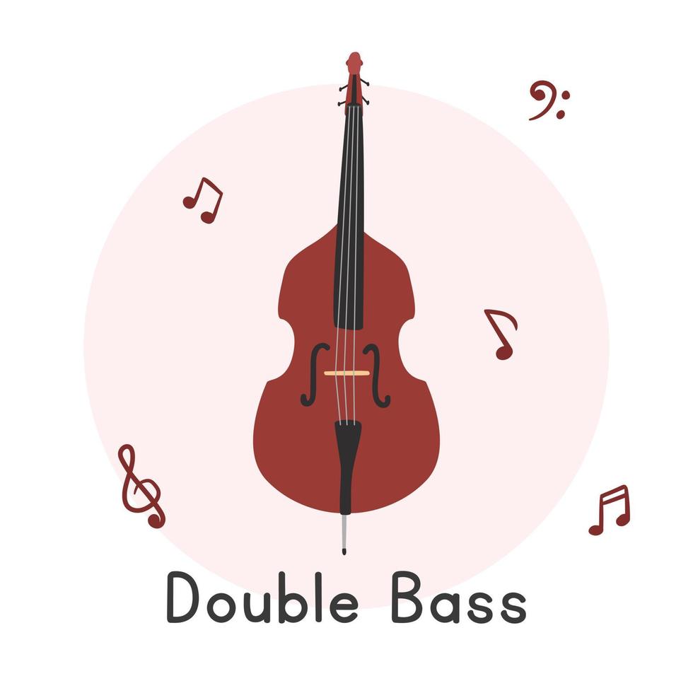 Double bass clipart cartoon style. Simple cute brown contrabass,  string bass, bass fiddle, bull fiddle string instrument flat vector illustration. Stringed instruments hand drawn doodle style