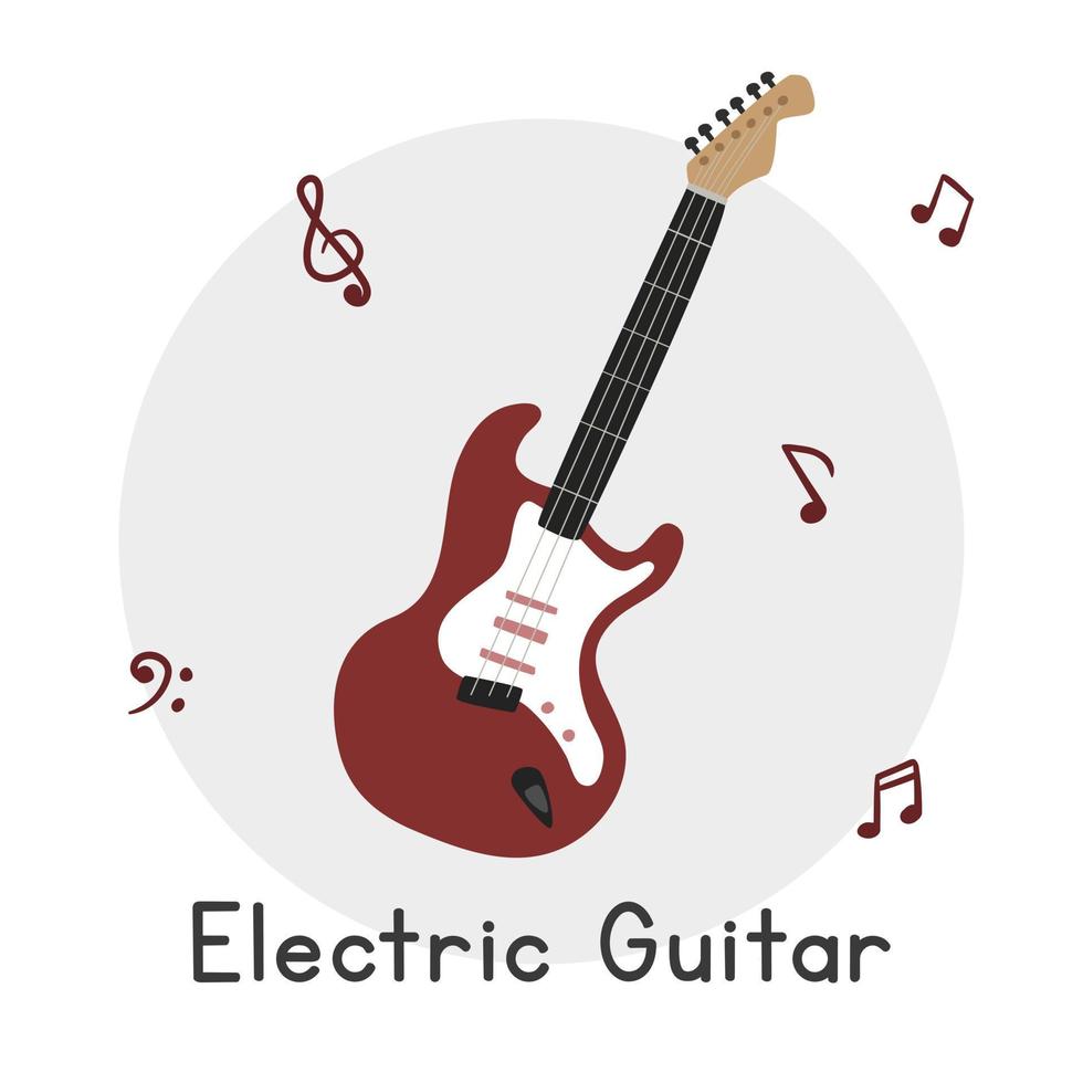 Electric guitar clipart cartoon style. Simple cute red electric guitar classic string musical instrument flat vector illustration. Stringed instrument hand drawn doodle. Electric guitar vector design