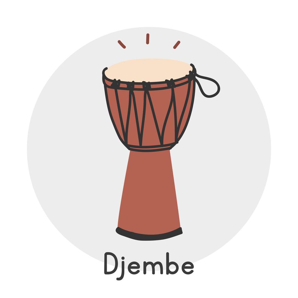 Djembe clipart cartoon style. Simple cute brown wooden Djembe West African percussion musical instrument flat vector illustration. Percussion instrument djembe hand drawn doodle. Djembe vector design
