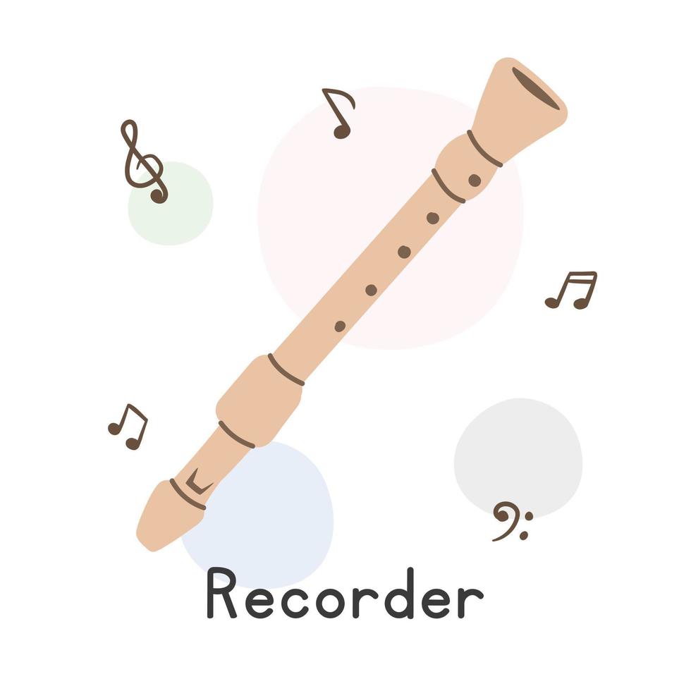 Recorder clipart cartoon style. Simple flute recorder woodwind instrument flat vector illustration. Wind instrument hand drawn doodle style. Recorder vector design