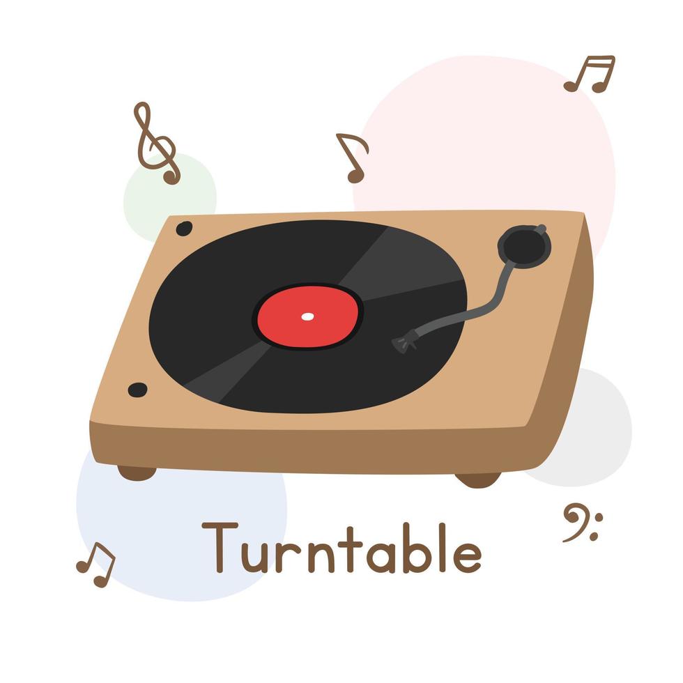 Turntable clipart cartoon style. Simple cute record player turntable instrument flat vector illustration. Gramophone hand drawn doodle style. Turntable vector design