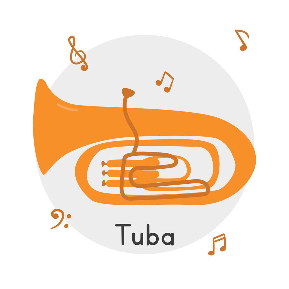 estilo de dibujos animados de imágenes prediseñadas de tuba dorada. simple lindo tuba latón instrumento musical plano vector ilustración. instrumento de latón tuba estilo garabato dibujado a mano. diseño de vector de instrumento de viento