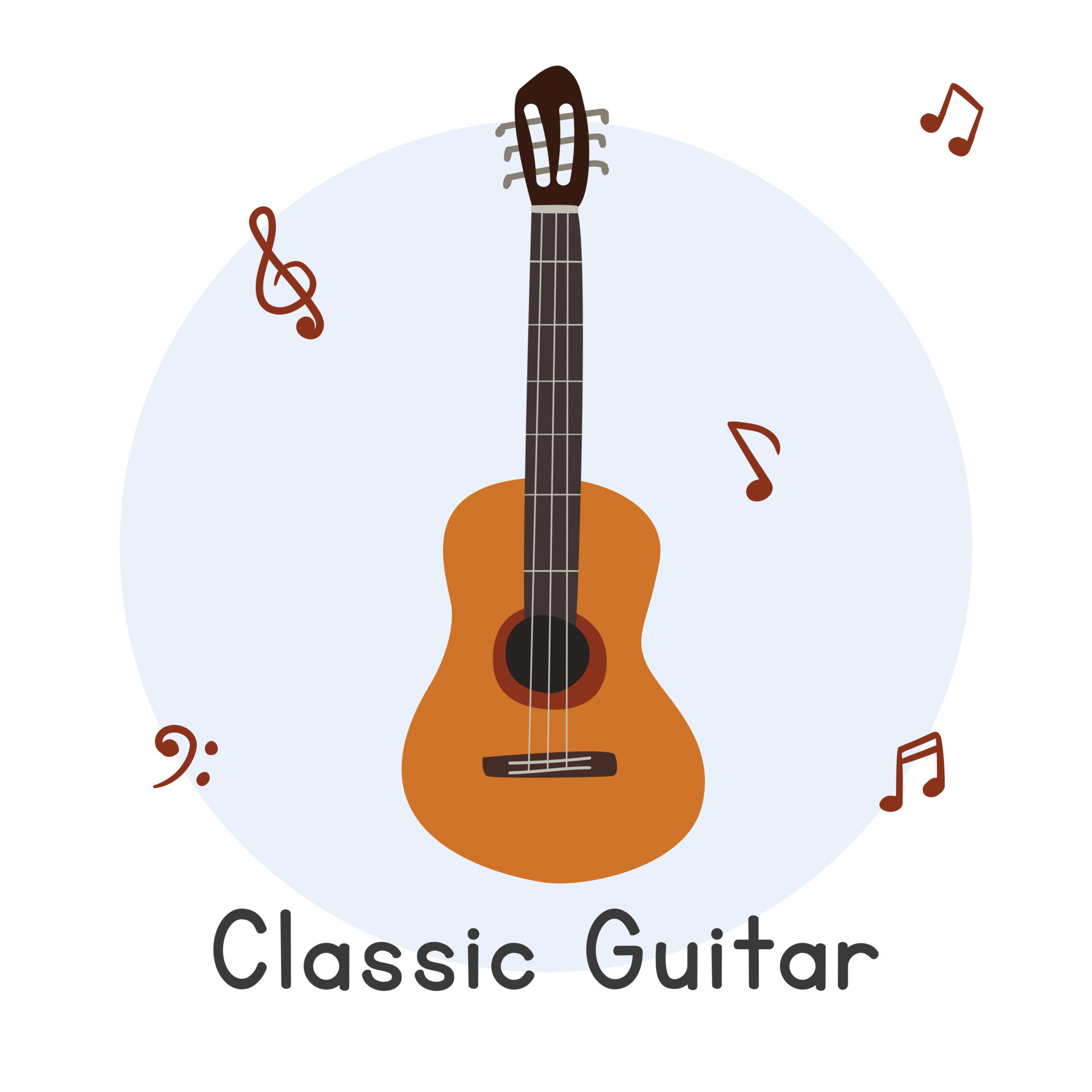 Classic guitar clipart cartoon style. Simple cute brown classic guitar