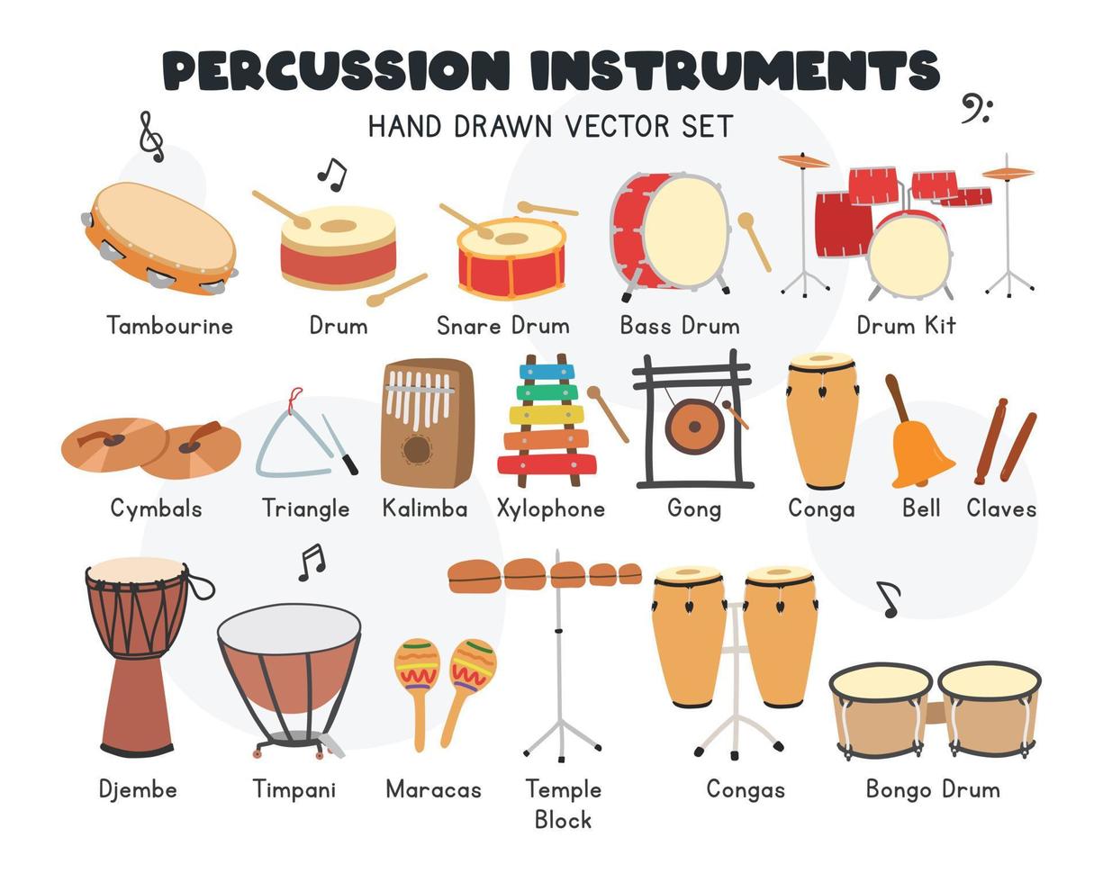 conjunto de vectores de instrumentos de percusión. pandereta linda simple,  tambores, platillos, conga, bongo, maracas, triángulos,