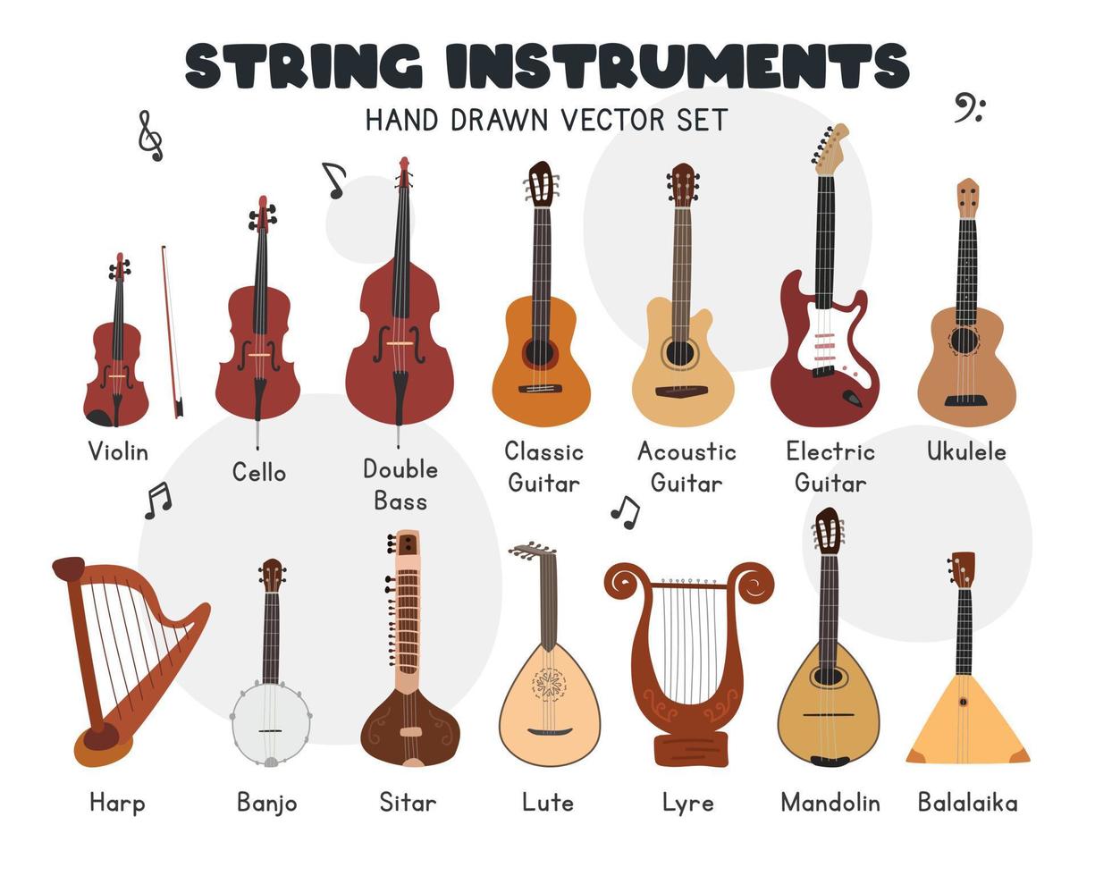 conjunto de vectores de instrumentos de cuerda. violín lindo simple, violonchelo, contrabajo, clásico, guitarra acústica, ukelele, arpa, lira, estilo de dibujos animados de imágenes prediseñadas de instrumento musical de cuerda de banjo, dibujo de garabato dibujado a mano