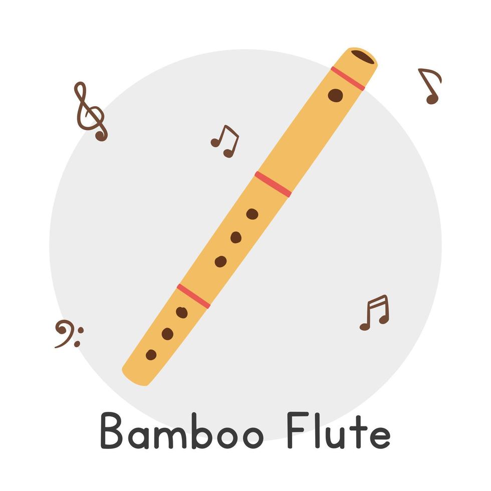 Bamboo flute clipart cartoon style. Simple wooden flute woodwind instrument flat vector illustration. Wind instrument hand drawn doodle style. Bamboo flute vector design