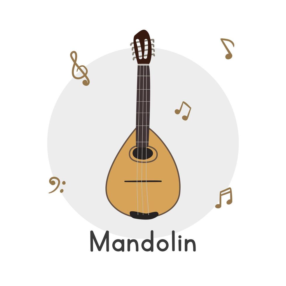 Mandolin clipart cartoon style. Simple cute mandolin string musical instrument flat vector illustration. Old stringed instrument mandolin hand drawn doodle style. Mandolin vector design